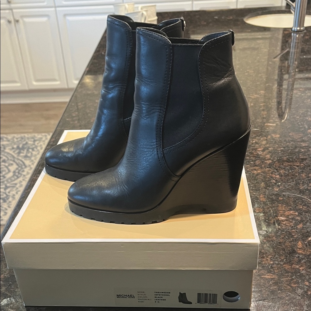 MICHAEL Michael Kors Black Leather Wedge Booties